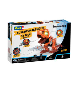 Revell Engineers Adventskalender mit Bausatz für einen orangefarbenen Dinosaurier-Roboter, ab 8 Jahren.