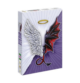 Eine Spielschachtel zeigt Engelsflügel mit Heiligenschein, verschmolzen mit Teufelsflügel und -schwanz auf lila Hintergrund.