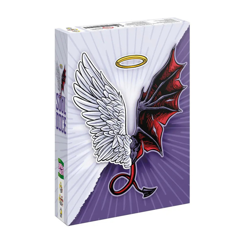 Eine Spielschachtel zeigt Engelsflügel mit Heiligenschein, verschmolzen mit Teufelsflügel und -schwanz auf lila Hintergrund.