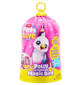 Pink-gelbe Verpackung für Polly, den Überraschungszaubervogel von Zuru Pets Alive, mit abgebildetem Comicvogel.