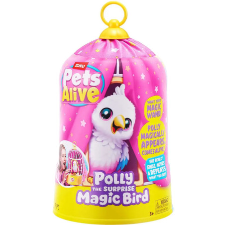 Pink-gelbe Verpackung für Polly, den Überraschungszaubervogel von Zuru Pets Alive, mit abgebildetem Comicvogel.