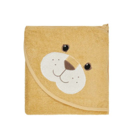 Gefaltetes, beigefarbenes Kapuzenhandtuch mit aufgesticktem, lächelndem Löwengesicht.