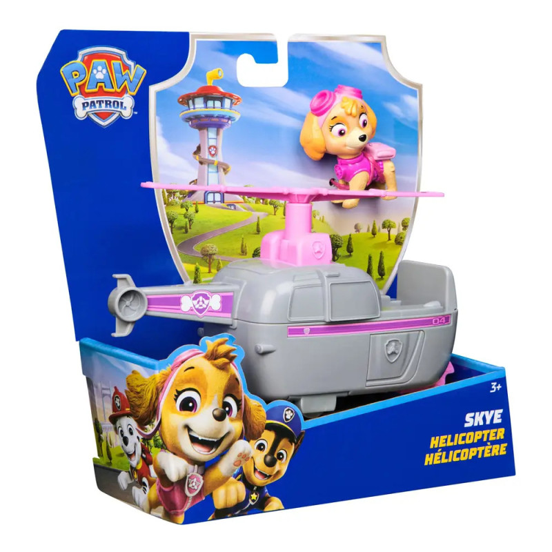 PAW Patrol Skye Hubschrauber im Karton mit Skye-Figur und bunten Paw Patrol Grafiken.