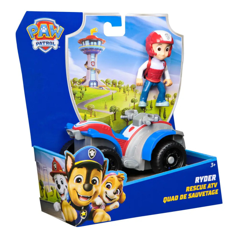 Paw Patrol Ryder Rescue ATV Spielzeug in blauer Verpackung, mit Ryder-Figur und ATV, geeignet ab 3 Jahren.