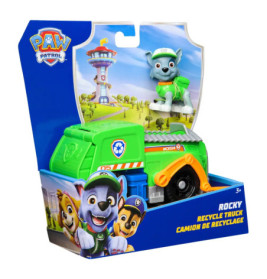Paw Patrol Rocky Recycling-Fahrzeug im grünen Karton mit Spielfigur und Abbildung des Aussichtsturms.