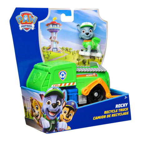 Paw Patrol Rocky Recycling-Fahrzeug im grünen Karton mit Spielfigur und Abbildung des Aussichtsturms.