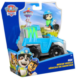 PAW Patrol Rex Rettungsfahrzeug-Spielzeug in blauer Verpackung mit Rex-Figur und Abbildungen der Charaktere auf der Box.