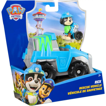 PAW Patrol Rex Rettungsfahrzeug-Spielzeug in blauer Verpackung mit Rex-Figur und Abbildungen der Charaktere auf der Box.