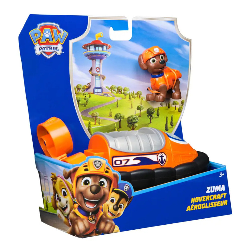Paw Patrol Zuma Hovercraft Spielzeug in oranger Verpackung mit Comicfiguren und Adventure Bay im Hintergrund.