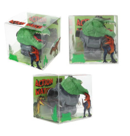 Drei Boxen zeigen dinosaurierbezogene Action Watchs mit grünen T-Rex-Köpfen und illustrierten Dinos.