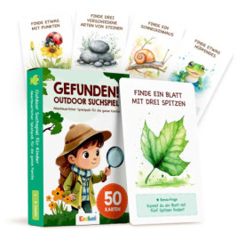 Spielbox für eine Outdoor-Schnitzeljagd mit illustrierten Naturkarten und einem Kind in Outdoorkleidung.