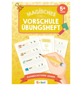 Gelbes Übungsheft, Arbeitsblätter und Stift, Titel: Magisches Vorschule Übungsheft, ab 5 Jahre.