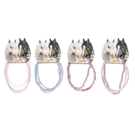 Vier Packungen Perlenketten und Armbänder mit Pferdemotiven in Rosa, Blau und Lila.