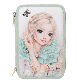 Federmappe mit Illustration eines blonden Mädchens im grünen Kleid, Blumen und Schmetterlingen.