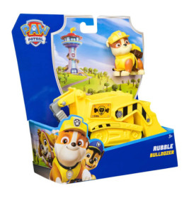 PAW Patrol Rubble Bulldozer-Spielzeug in gelber Verpackung mit Abbildungen von Rubble und dem Aussichtsturm.
