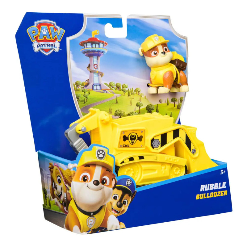 PAW Patrol Rubble Bulldozer-Spielzeug in gelber Verpackung mit Abbildungen von Rubble und dem Aussichtsturm.