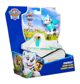 PAW Patrol Everest Spielzeug im Schneepflug-Fahrzeug, verpackt mit bunten Grafiken und Figuren auf der Box.