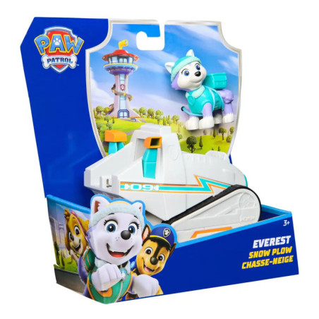 PAW Patrol Everest Spielzeug im Schneepflug-Fahrzeug, verpackt mit bunten Grafiken und Figuren auf der Box.