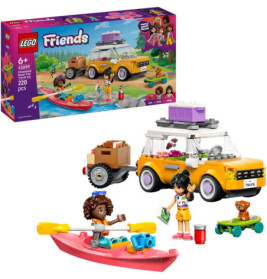 LEGO Friends Set mit zwei Figuren, Hund, gelbem Auto, Kajak und Campingzubehör.