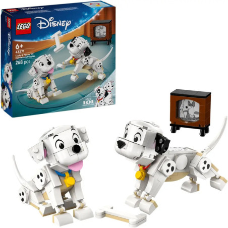 LEGO Disney 101 Dalmatiner Set mit zwei Dalmatiner-Hundefiguren und einem Fernseher-Modell.