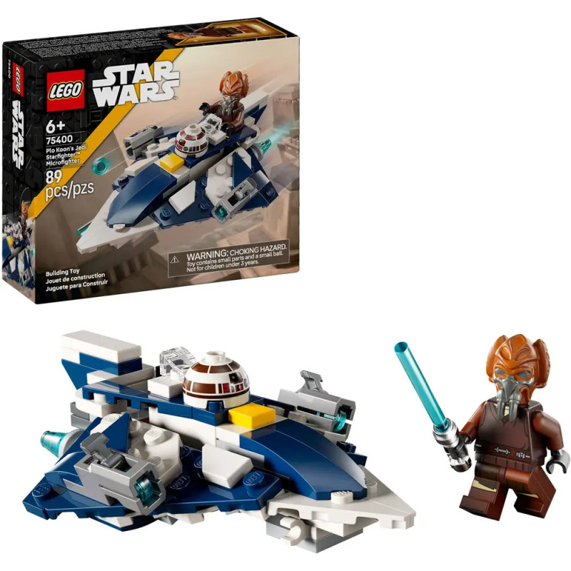 LEGO Star Wars Set mit blauem Speeder, Jedi mit Lichtschwert und Verpackung im Hintergrund.