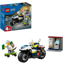LEGO City Polizeiset mit Motorrad, Polizist, Dieb auf Skateboard, Geldscheinen, Bankautomat und Verpackung.
