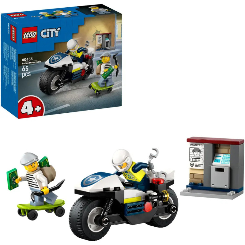 LEGO City Polizeiset mit Motorrad, Polizist, Dieb auf Skateboard, Geldscheinen, Bankautomat und Verpackung. LEGO City Polizeiset mit Motorrad, Polizist, Dieb auf Skateboard, Geldscheinen, Bankautomat und Verpackung.
