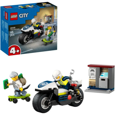 LEGO City Polizeiset mit Motorrad, Polizist, Dieb auf Skateboard, Geldscheinen, Bankautomat und Verpackung.