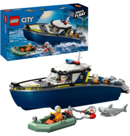LEGO City Polizeiboot mit Figuren, Hai, kleinem Floß und Verpackung mit Szene auf dem Wasser.