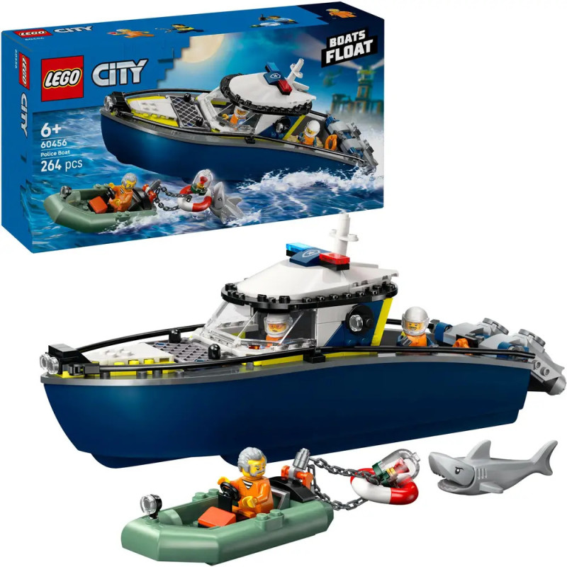 LEGO City Polizeiboot mit Figuren, Hai, kleinem Floß und Verpackung mit Szene auf dem Wasser. LEGO City Polizeiboot mit Figuren, Hai, kleinem Floß und Verpackung mit Szene auf dem Wasser.