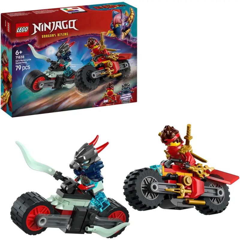 LEGO Ninjago Dragons Rising Set mit zwei Minifiguren auf bunten Motorrädern, Verpackung im Hintergrund. LEGO Ninjago Dragons Rising Set mit zwei Minifiguren auf bunten Motorrädern, Verpackung im Hintergrund.