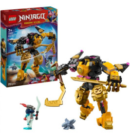 LEGO Ninjago Set mit Box, goldenem Mech, zwei Minifiguren und einer kleinen grauen Tierfigur.