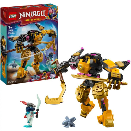 LEGO Ninjago Set mit Box, goldenem Mech, zwei Minifiguren und einer kleinen grauen Tierfigur.