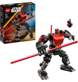 LEGO Star Wars Darth Maul Mech mit Doppelklinge-Lichtschwert steht neben seiner Verpackung mit gleichem Motiv.
