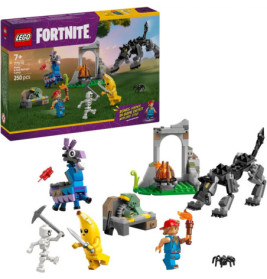 LEGO Fortnite Set mit Minifiguren, Lagerfeuer, Lama, Steinbogen und schwarzem Wolf.