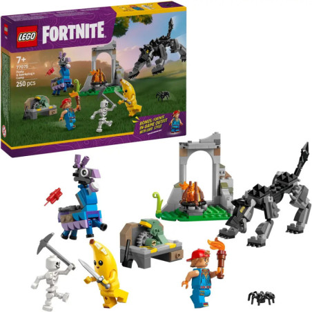 LEGO Fortnite Set mit Minifiguren, Lagerfeuer, Lama, Steinbogen und schwarzem Wolf.
