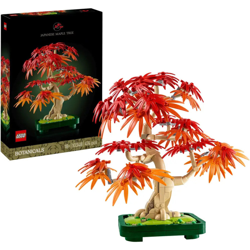 LEGO Set Japanischer Ahorn mit roten und orangefarbenen Blättern, aufgebaut neben der Verpackung. LEGO Set Japanischer Ahorn mit roten und orangefarbenen Blättern, aufgebaut neben der Verpackung.