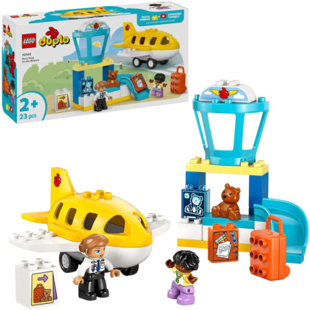 LEGO DUPLO Flughafen-Spielset mit gelbem Flugzeug, Tower, Koffer und zwei Kinderfiguren.