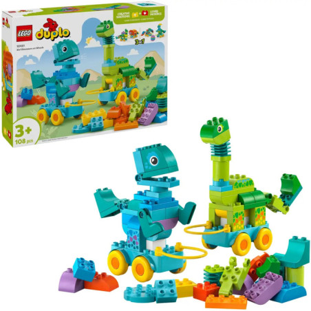 LEGO DUPLO Dinosaurier-Bauset ab 3 Jahren mit bunten Steinen und zwei Dinosaurier-Figuren auf Rädern.