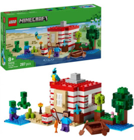 LEGO Minecraft Set: Gestreiftes TNT-Haus, Minifiguren, Bäume, Boot, 287 Teile auf der Verpackung.
