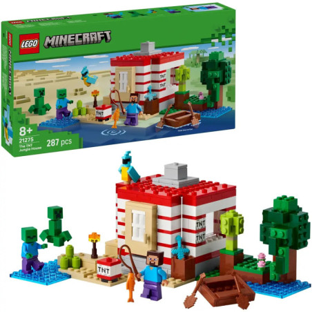 LEGO Minecraft Set: Gestreiftes TNT-Haus, Minifiguren, Bäume, Boot, 287 Teile auf der Verpackung.