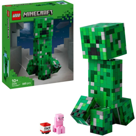 LEGO Minecraft Creeper Set mit Box, TNT und Schwein-Figuren vor weißem Hintergrund.