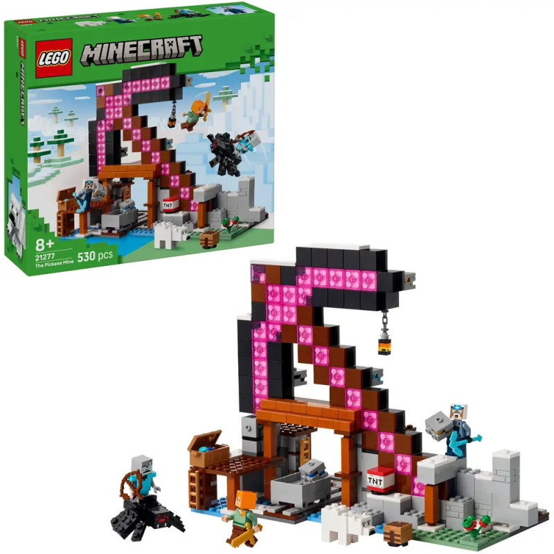 LEGO Minecraft Set mit großer pinker Spitzhacke, Minifiguren und Verpackung im Hintergrund.