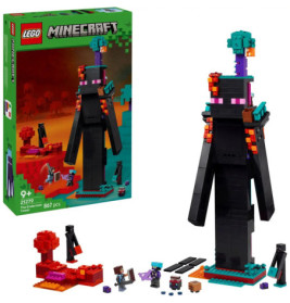 LEGO Minecraft Set mit baubarem Enderman, Blocklandschaft, Minifiguren und Box links im Bild.