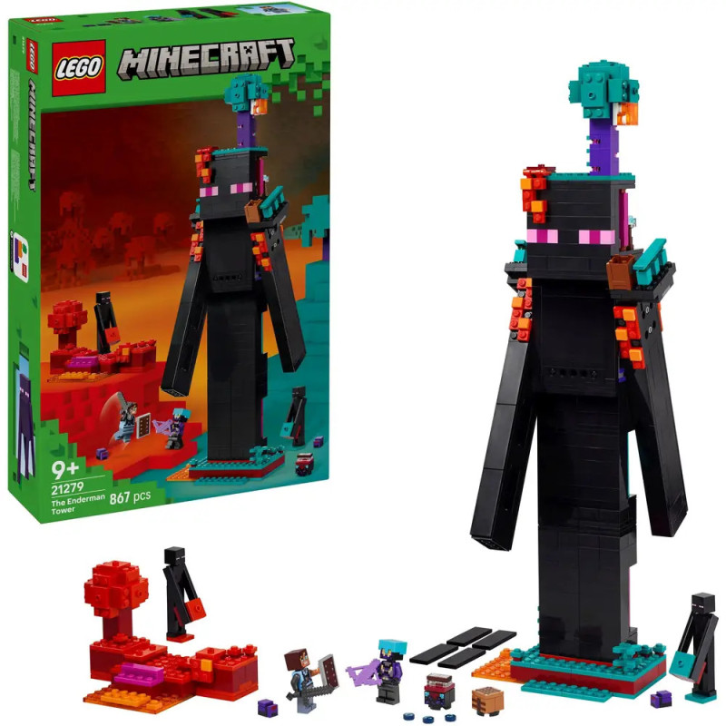 LEGO Minecraft Set mit baubarem Enderman, Blocklandschaft, Minifiguren und Box links im Bild.