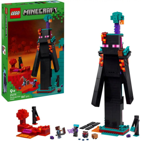 LEGO Minecraft Set mit baubarem Enderman, Blocklandschaft, Minifiguren und Box links im Bild.