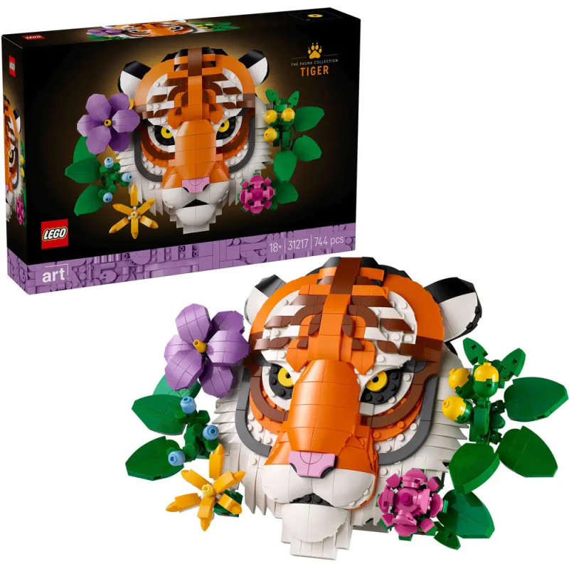 LEGO-Tigerkopf mit bunten Blumen, daneben die Verpackung mit gleichem Motiv und LEGO-Logo.