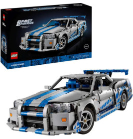 Lego Technic Nissan Skyline GT-R aus Fast & Furious, aufgebautes Modell mit Verpackung, silber-blau.