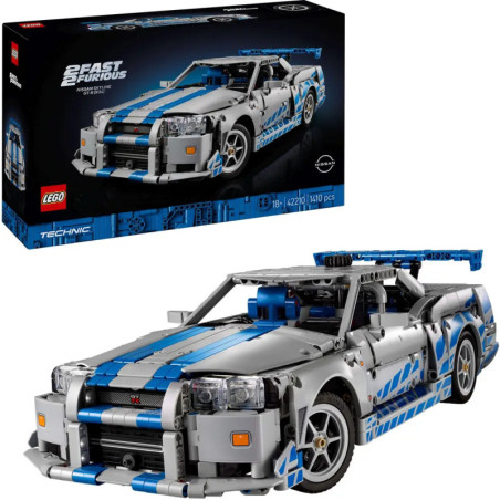 Lego Technic Nissan Skyline GT-R aus Fast & Furious, aufgebautes Modell mit Verpackung, silber-blau.
