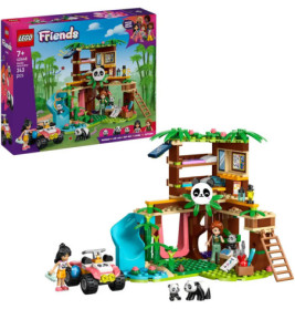 LEGO Friends Dschungel-Spielset mit Baumhaus, Rutsche, Figuren, Fahrzeug und Pandas Verpackung im Hintergrund.